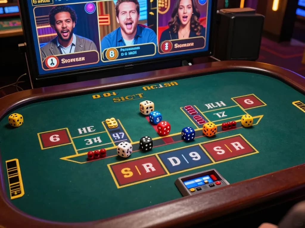 Sicbo game in action with colorful dice rolling on a digital table, enhancing online casino excitement.