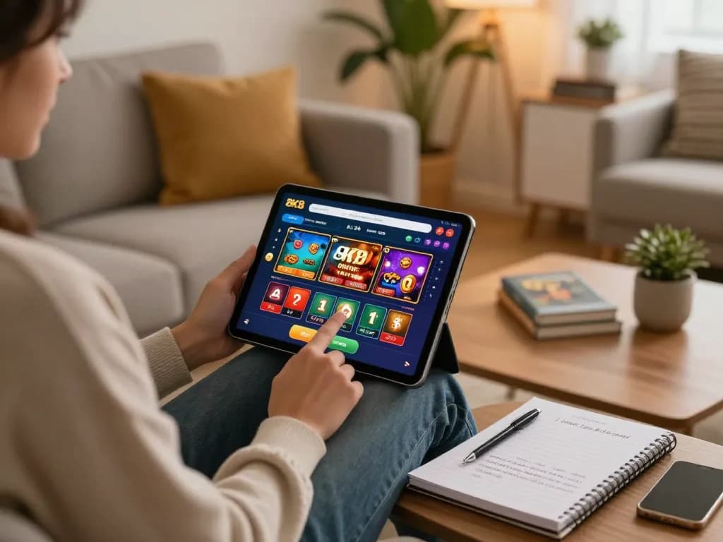 Player enjoying online casino games on 8K8 app in a cozy living room setting