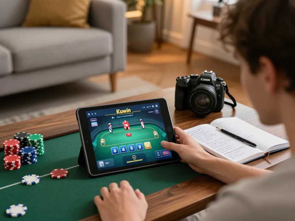 Kuwin online gaming scene showing player engaging with poker strategies at home