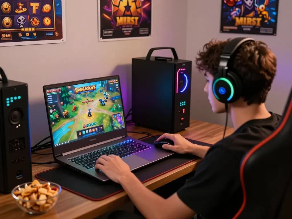 Engaging gaming scene showcasing barcaslot platform on a laptop amidst vibrant digital graphics and LED gaming gear.