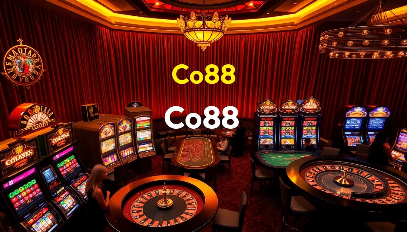 Gamblers at Co88 experience excitement at vibrant slot machines and roulette tables.