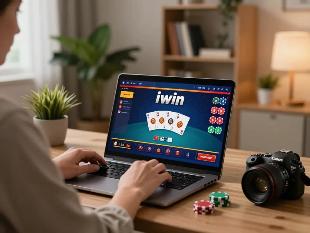 Person engaged in iwin online gaming session on laptop in a cozy home office setup.