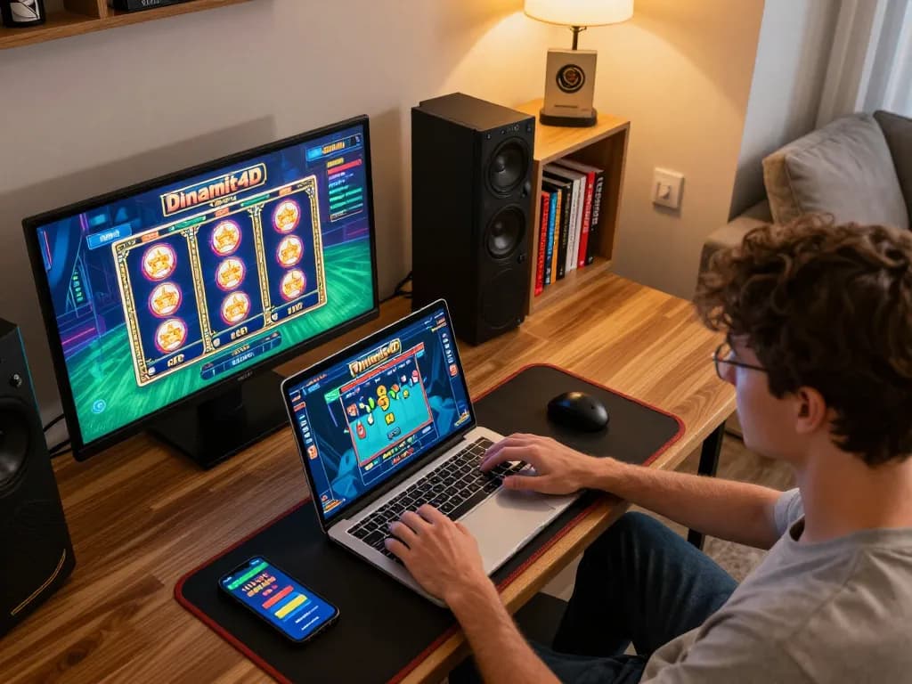 Engaging gameplay on Dinamit4D in a modern home setup with laptop and smartphone.
