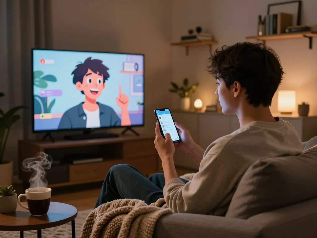 Engaging porn ai chat scene in a cozy living room with a user and virtual character interaction.