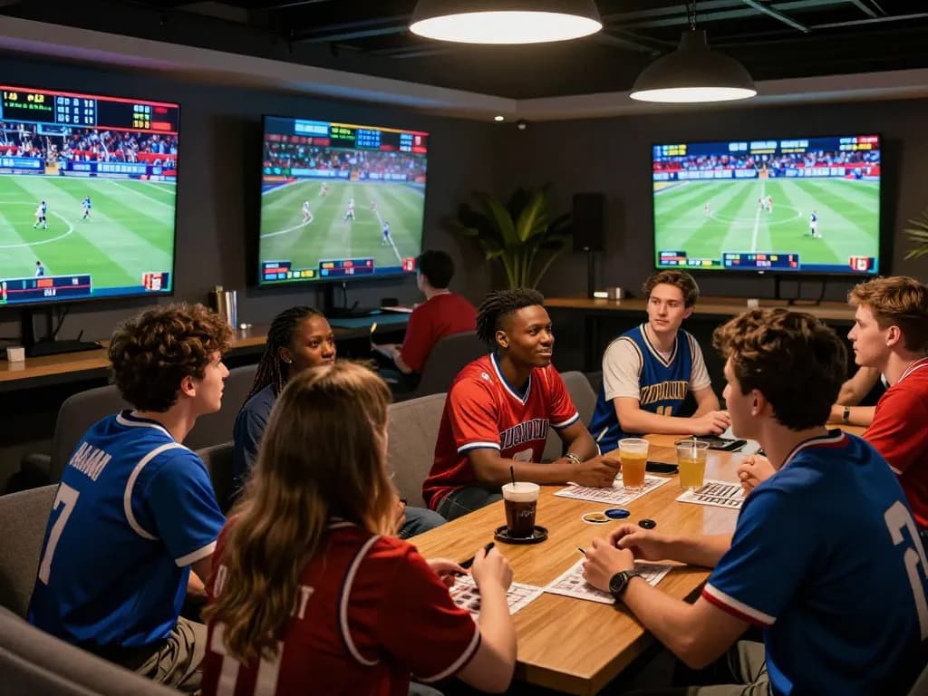Exciting zbet sports lounge buzzing with bettors analyzing games and odds.