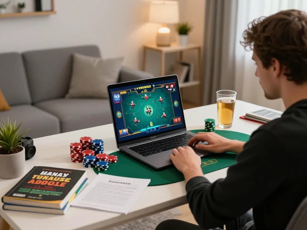 Xocdiaclub player engaging in intense online poker game with strategy notes in cozy home office