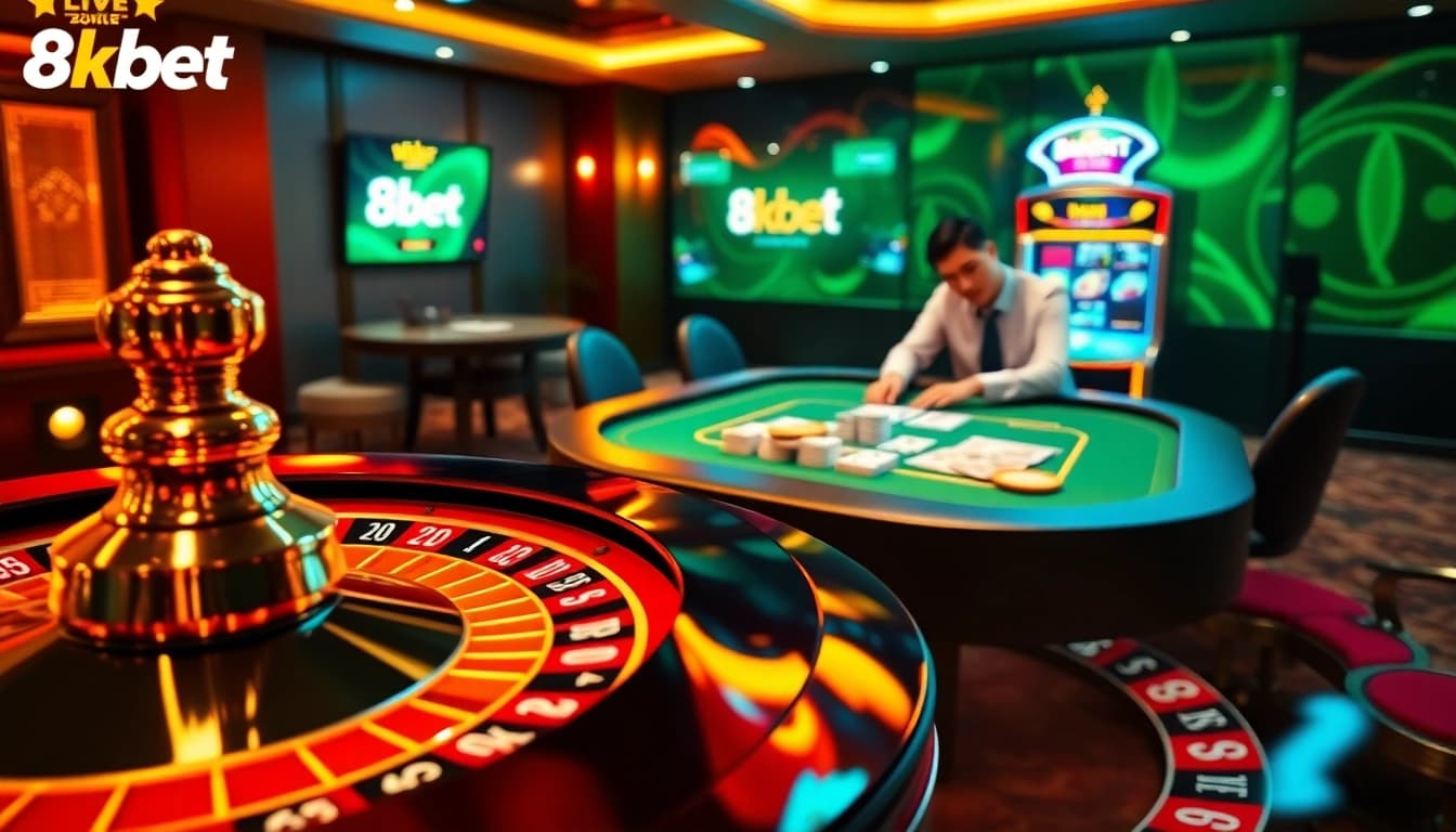 Experience the luxury of 8kbet with an exciting roulette scene and vibrant gaming atmosphere.