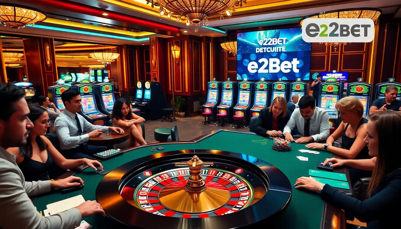 E2bet players engaging in thrilling casino games at a luxurious roulette table.