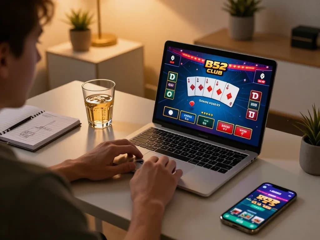 B52 CLUB online poker gameplay with player engaged, stylish gaming setup and strategy notes