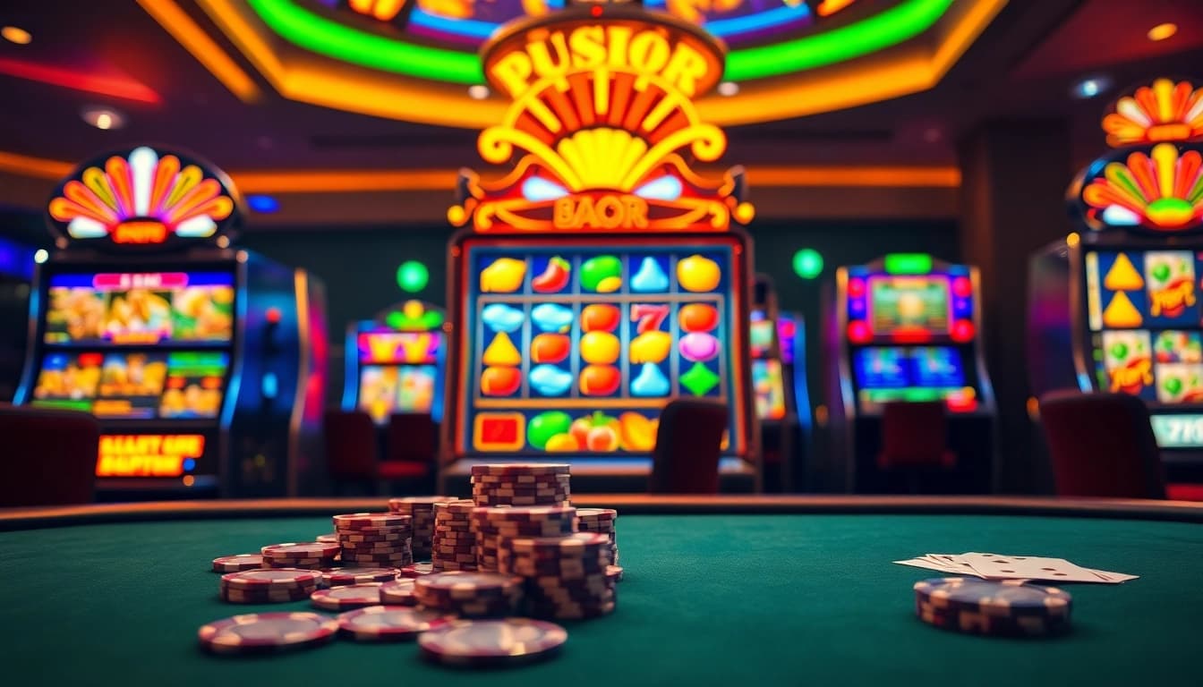 Experience the thrill of slot gacor with vibrant machines and a high-stakes poker table in a luxurious casino setting.