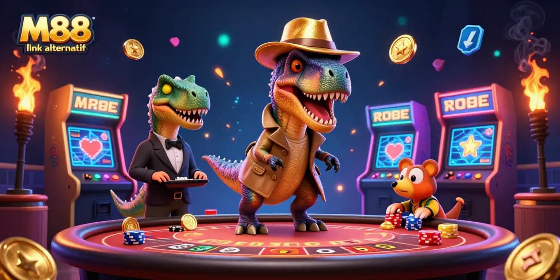 Experience the excitement of M88 link alternatif with a velociraptor card counter amidst vibrant casino elements.