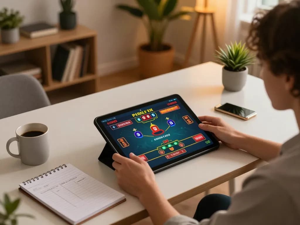 Engaged player exploring Nhà cái C168 online gaming experience on tablet in cozy home office.