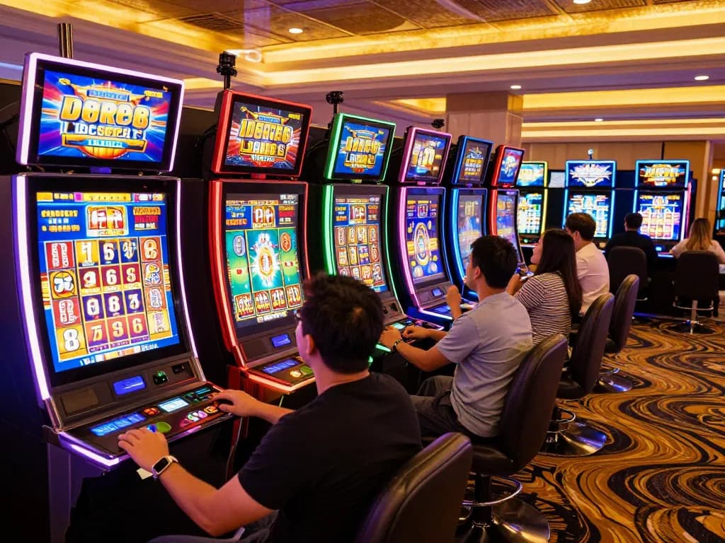 Pemain merayakan kemenangan jackpot di mesin slot yang cerah yang menunjukkan kegembiraan permainan harga toto.