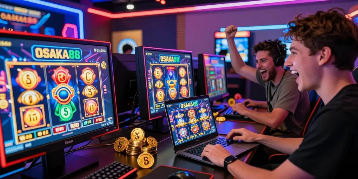 Exciting OSAKA88 slot gaming scene with enthusiastic players and vibrant game graphics.