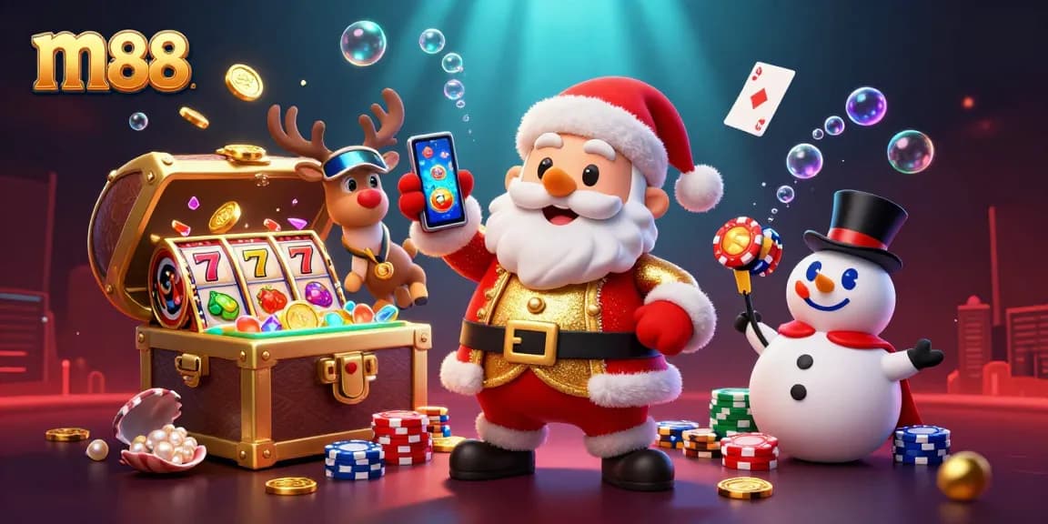 Rasakan jackpot m88 saat Santa dan teman-temannya merayakan di scene kasino yang penuh warna.
