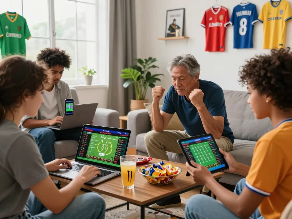 Group of bettors analyzing kèo nhà cái in a lively home setting during a football match, capturing the excitement of online betting.