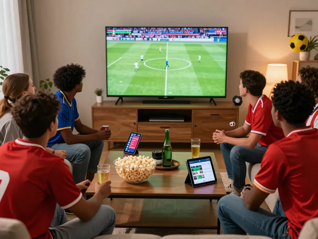 Socolivetv football streaming fun atmosphere with friends enjoying a match.