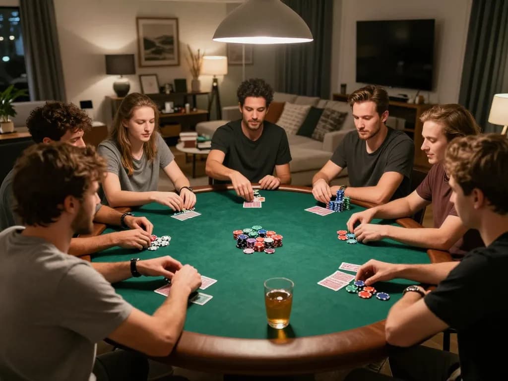 Friends enjoying an engaging poker game at home, capturing the HM88 strategy in a vibrant atmosphere