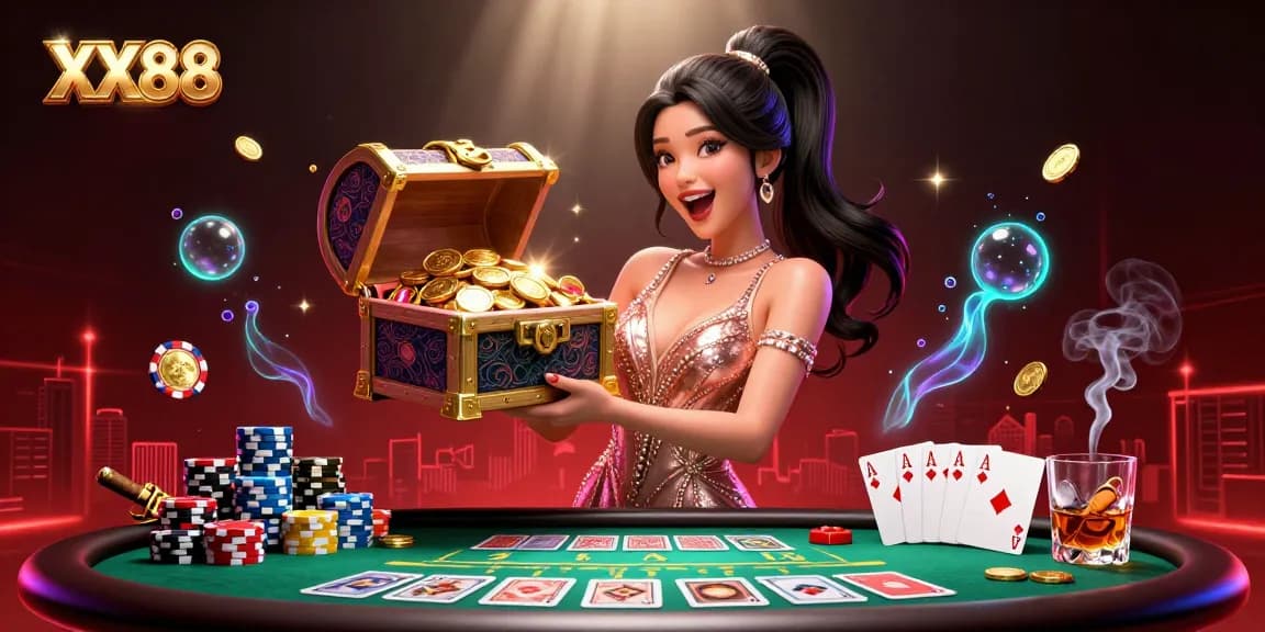 Experience thrilling wins at XX88 with a vibrant 3D casino scene showcasing poker excitement and luxury.