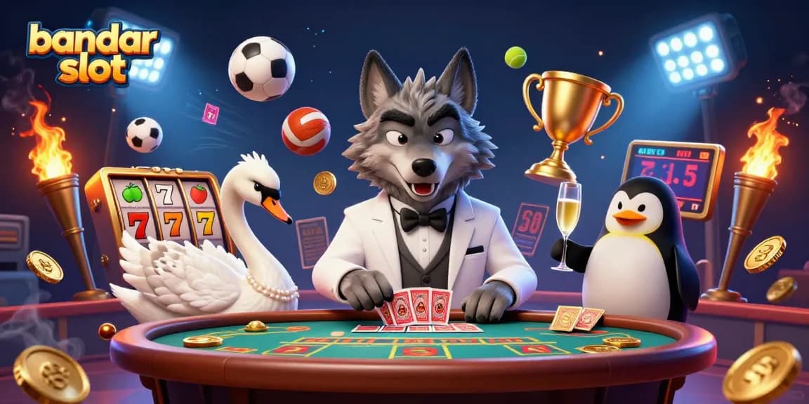 Experience the thrill at bandar slot with a captivating game scene featuring a charming wolf, swan, and penguin.