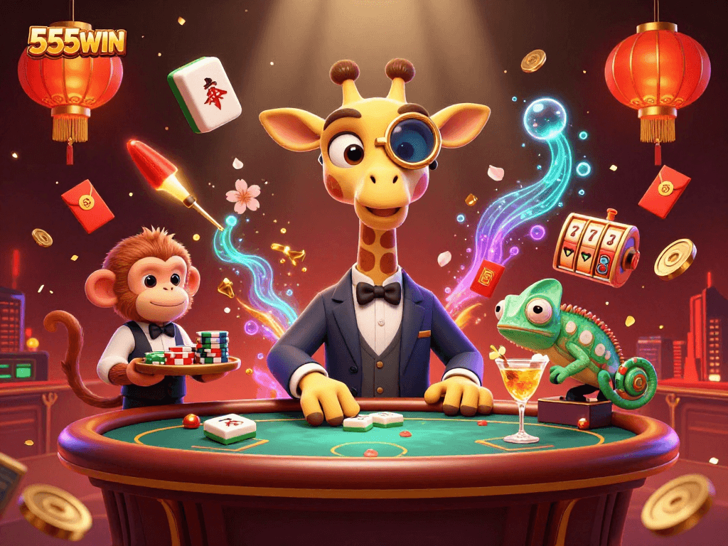 Engage with 555WIN's vibrant casino scene featuring exotic characters enjoying games and luck.