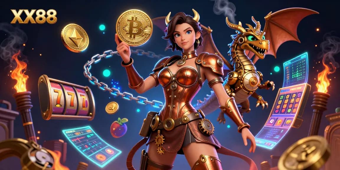 Win big at XX88 with vibrant 3D casino illustration featuring slot games and crypto elements.