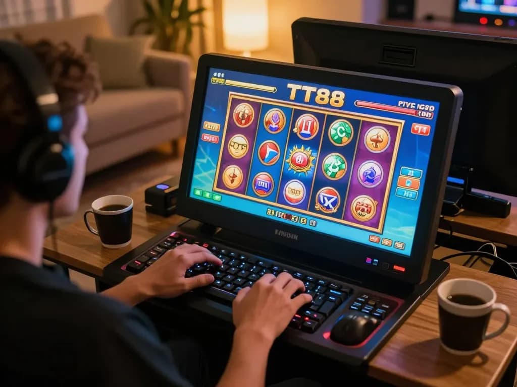 Engaging in TT88 online slot gaming at home with a cozy setup and vibrant game display.
