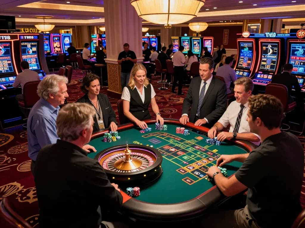 Gamblers placing bets at a roulette table in a vibrant Las Vegas casino, showcasing TT88 strategies in action.