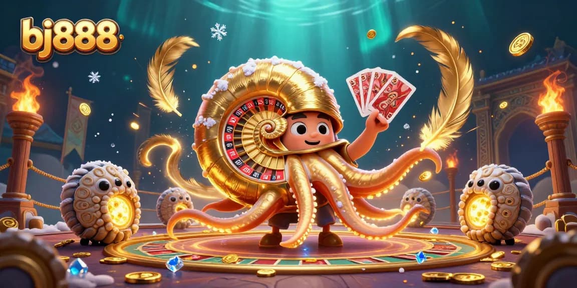Engage with bj888's vibrant online casino experience featuring a giant nautilus roulette wheel.