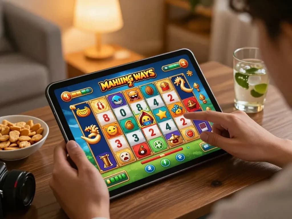 Sparking excitement in situs slot mahjong gameplay on a tablet during cozy home gaming session.