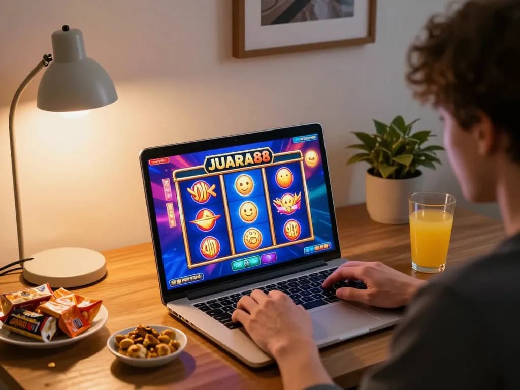 JUARA88 slots gameplay displayed on laptop at a cozy home setup