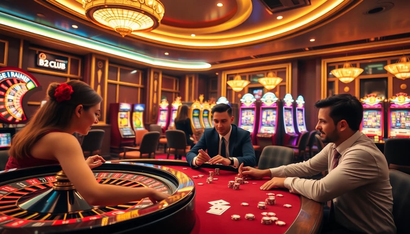 Players enjoying their time at B52 CLUB, with vibrant slot machines and poker tables in a luxurious casino setting.