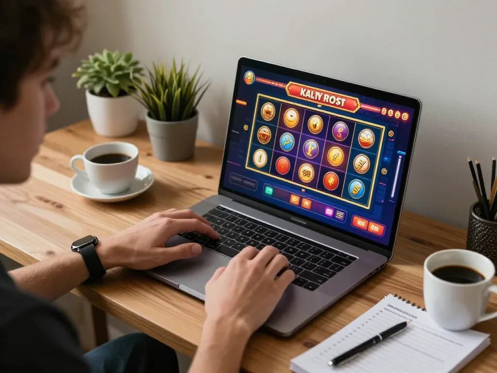 RR88 player engaging in online casino gaming, showcasing colorful slots interface and betting strategy notes.