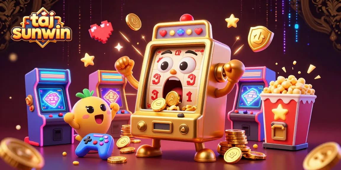 Celebrate big wins with tải sunwin; a vibrant 3D slot machine scene overflowing with coins.