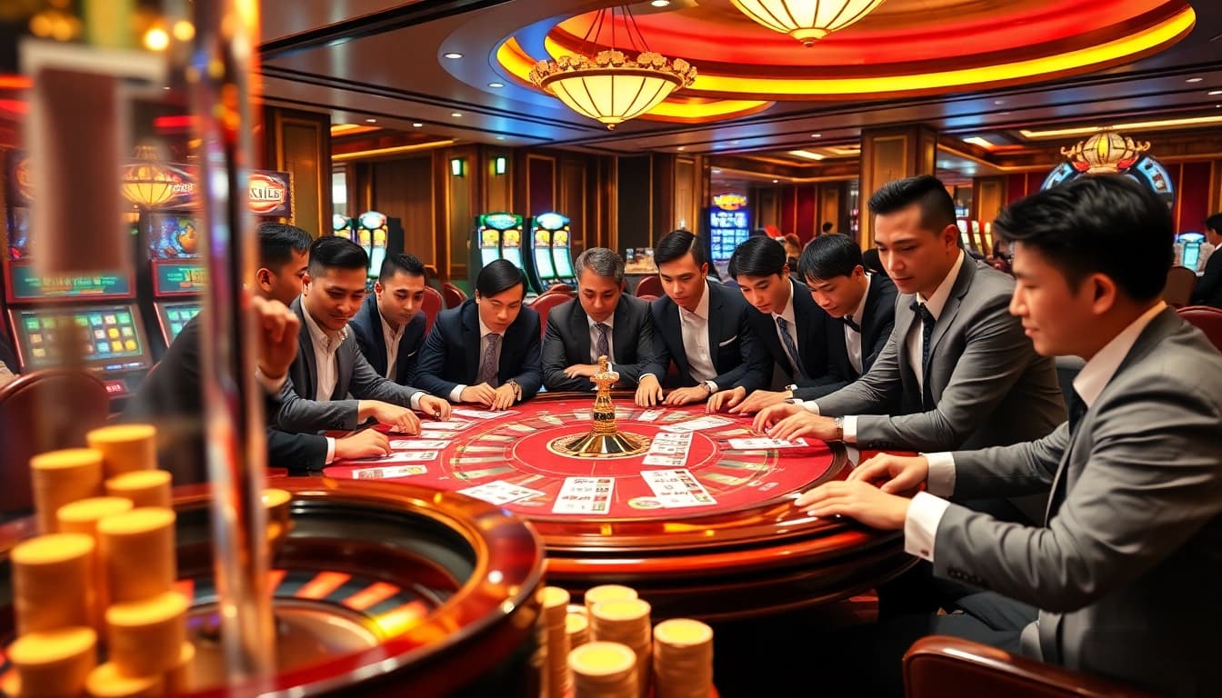 Players engage in Togel China at a luxurious casino table surrounded by vibrant gaming elements.