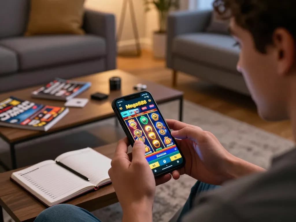 Engaging in mobile gaming with the apk mega888 app, showcasing a player's excitement in a comfortable living room.