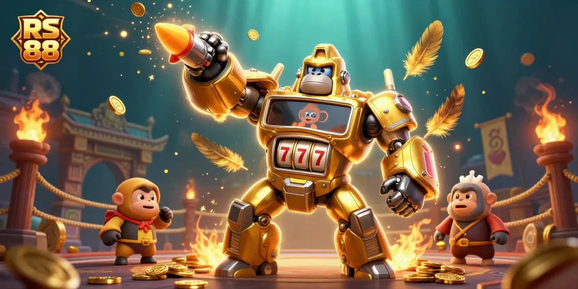 Experience the excitement of RS 88 with a golden gorilla mech amidst dynamic slots and gaming elements.