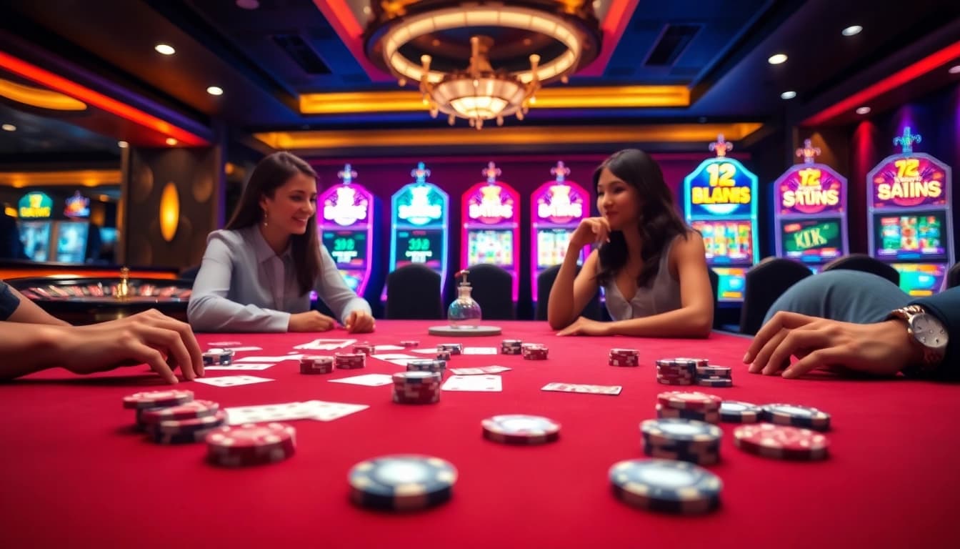 Players enjoying their betting experience at 33win's luxury casino table with cards and chips.