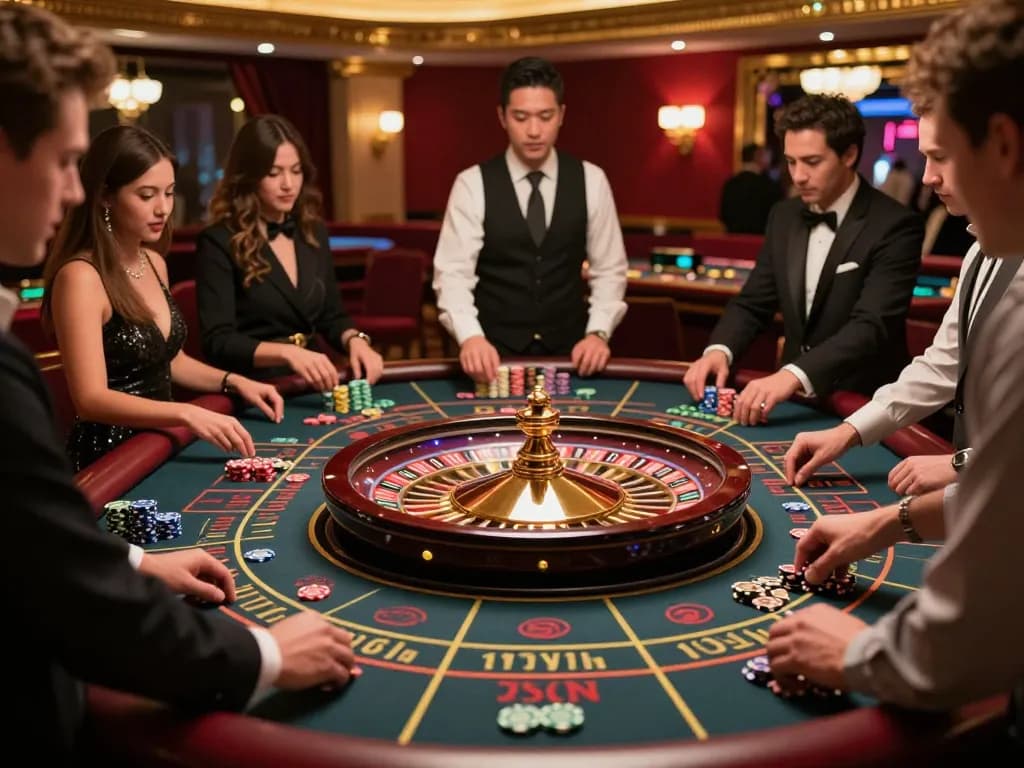 Players eagerly placing bets at a roulette table in a luxurious casino atmosphere, capturing the excitement of legendelectricnd.