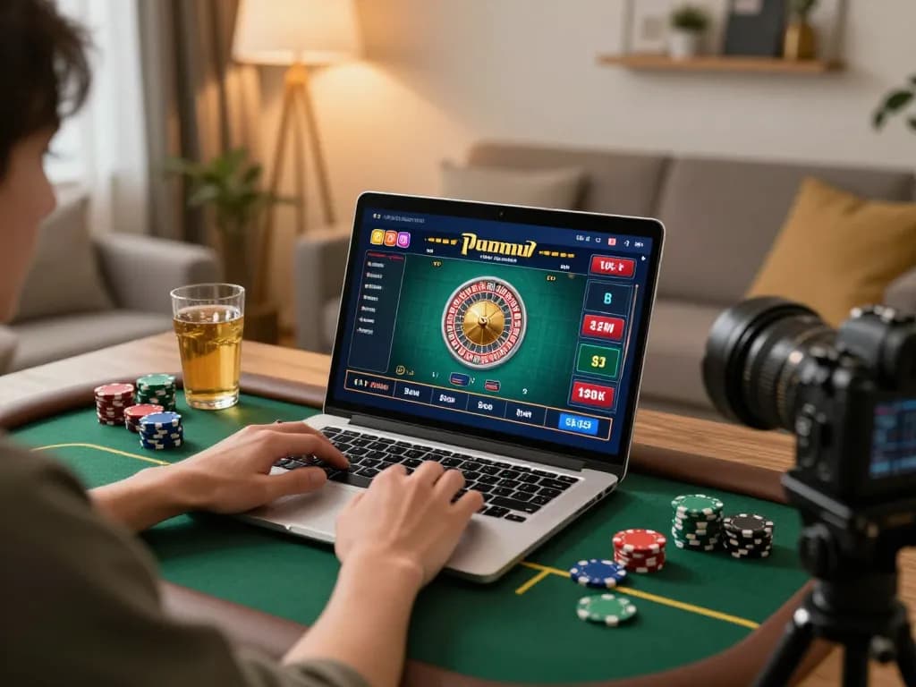 Playing roulette on 99ok platform from a cozy home setup with laptop and chips.