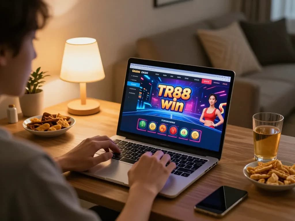 Engaging in competitive online betting at home with TR88 win displayed on screen.