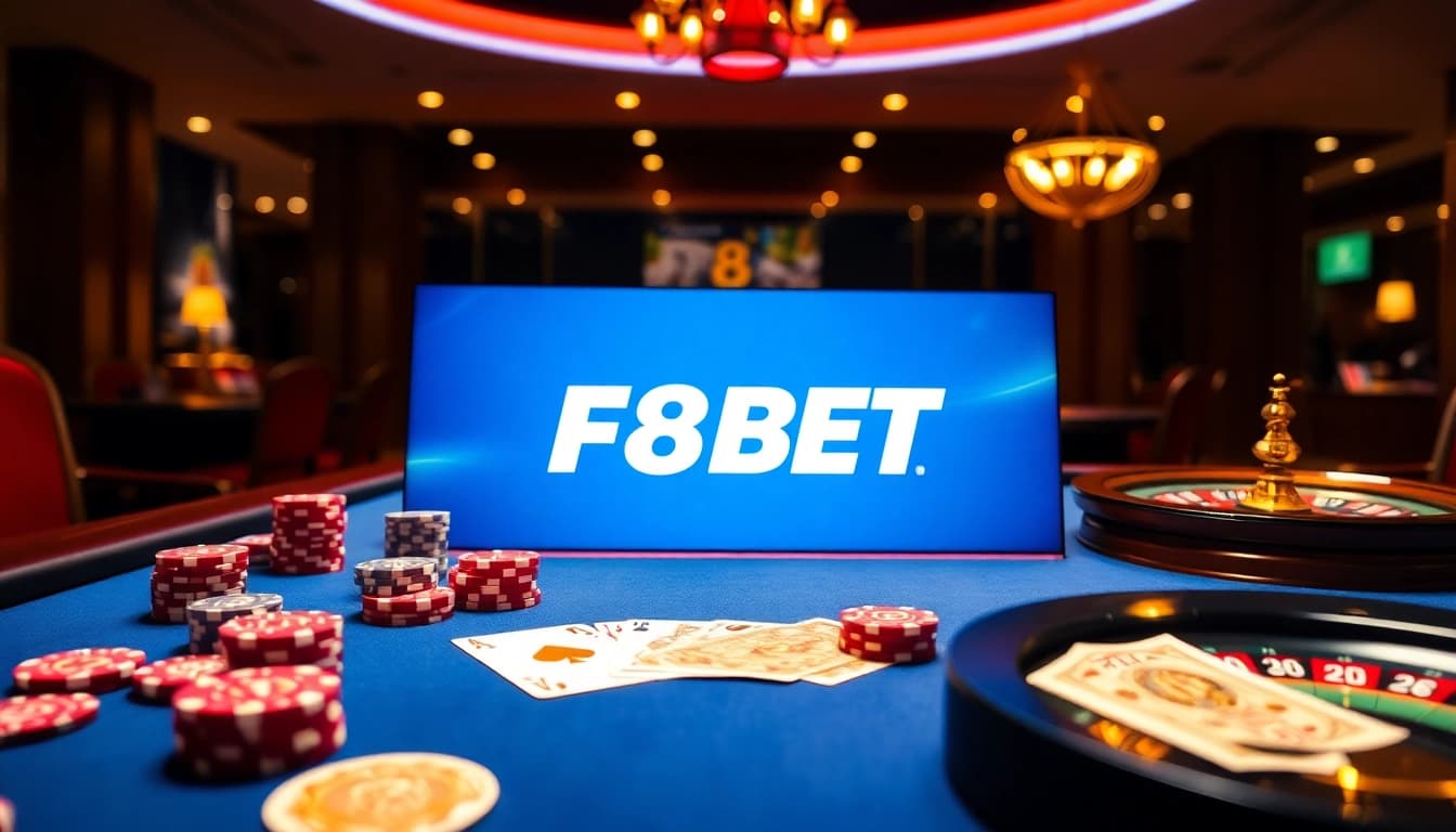 F8BET showcases an exciting casino environment with poker chips and vibrant table games.