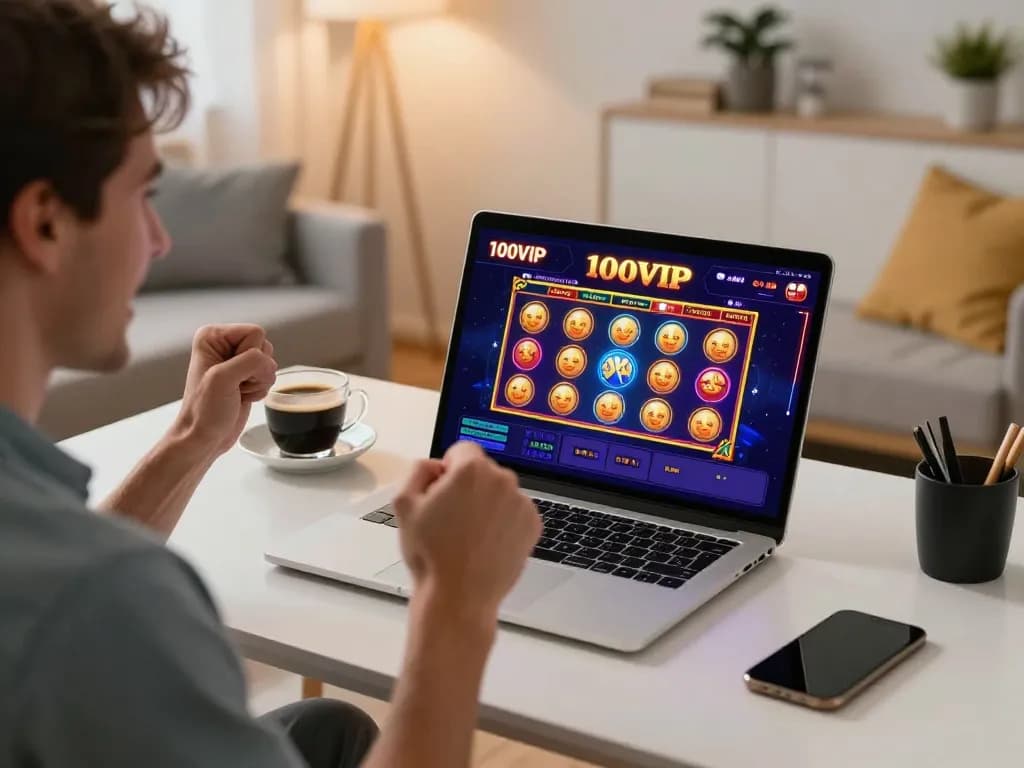 100VIP player wins at online casino with vibrant interface displayed on laptop