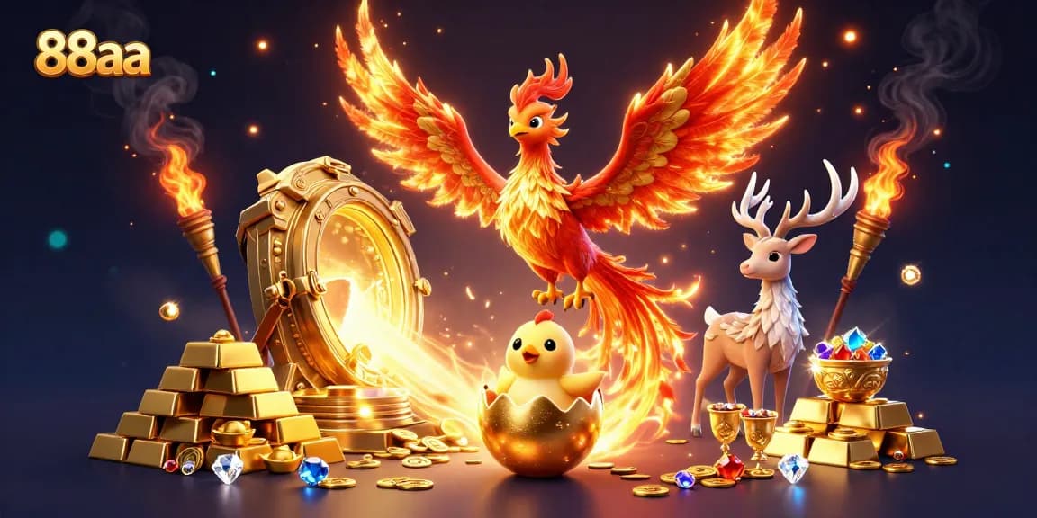 Experience the thrill of 88aa with a phoenix and treasure in this vibrant casino scene.