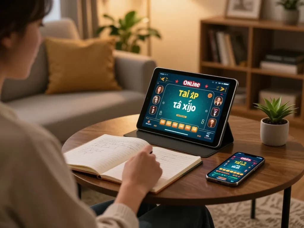 Engaging in strategic tài xỉu online gameplay with a notebook and tablet in a cozy home setting.