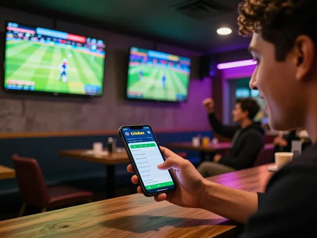 Crickex user placing live bets on the mobile app while watching cricket matches in a lively sports bar