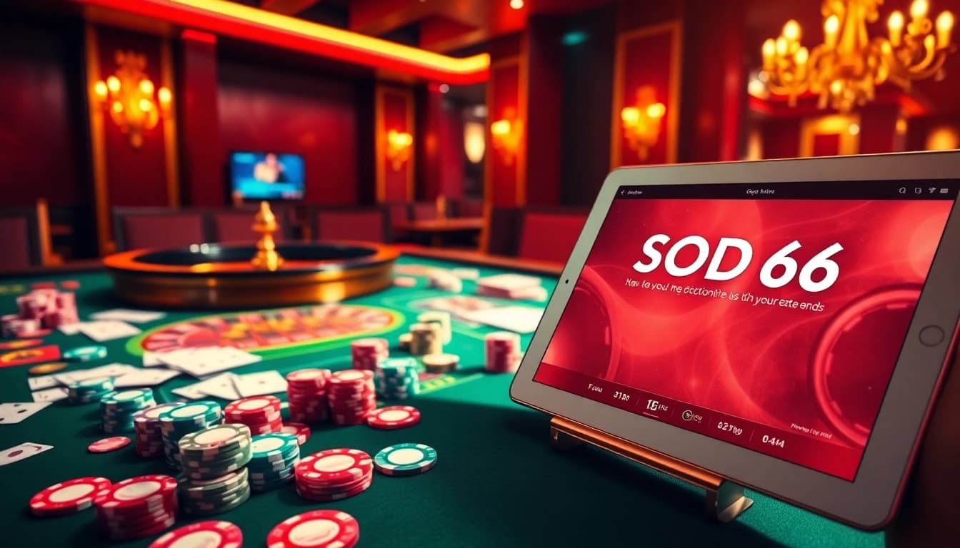 SODO66 showcases an exciting casino experience filled with poker chips, cards, and a roulette wheel.