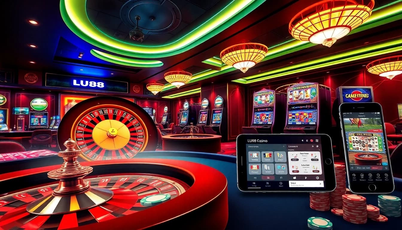 Experience the excitement of LU88 with vibrant slot machines and poker games in a luxurious casino.