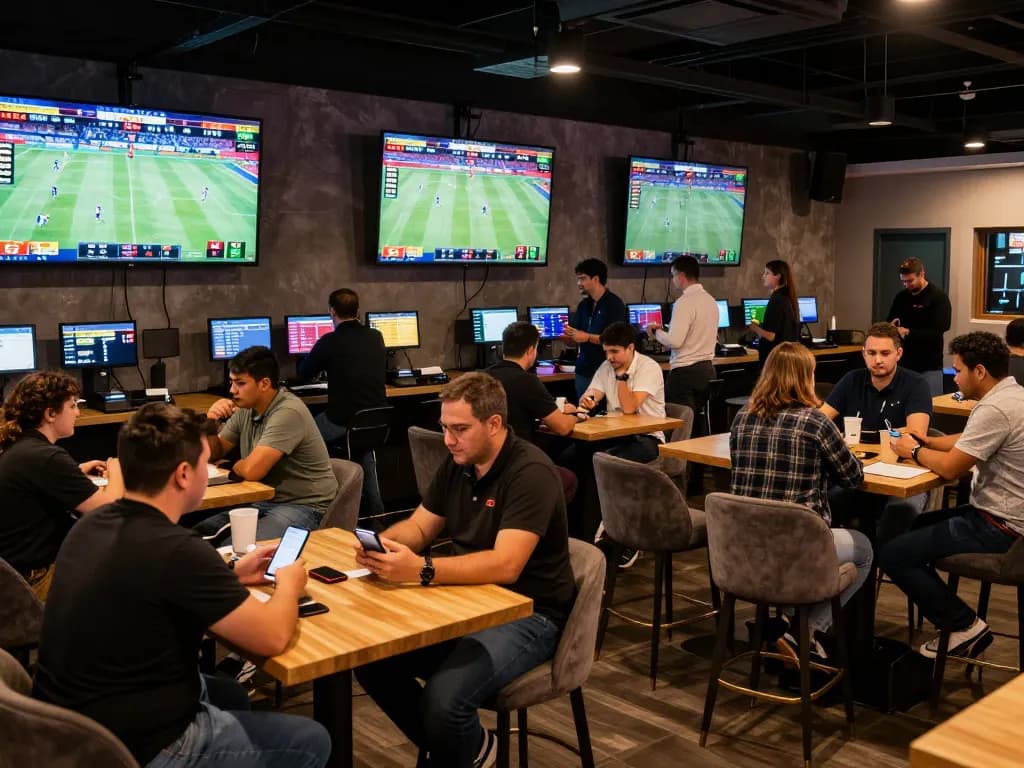 SBOBET users engaging in live sports betting with multiple screens showing real-time odds, dynamic lounge setting