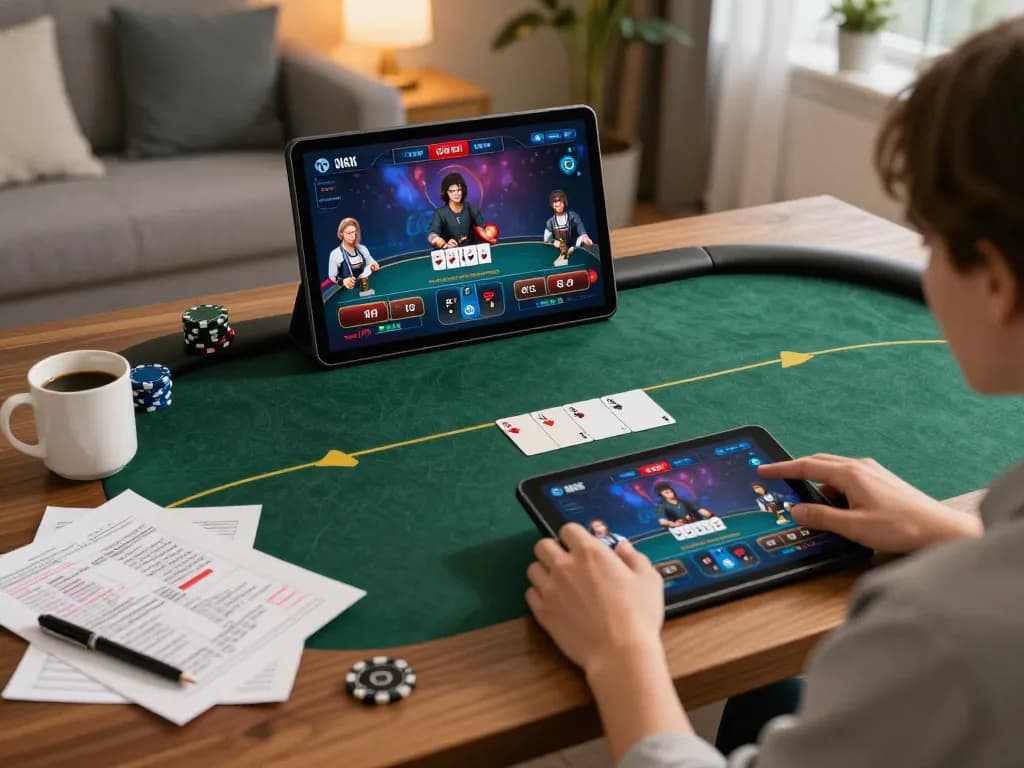 Pemain menikmati permainan poker online armorbet yang imersif di tablet di rumah dengan suasana nyaman.